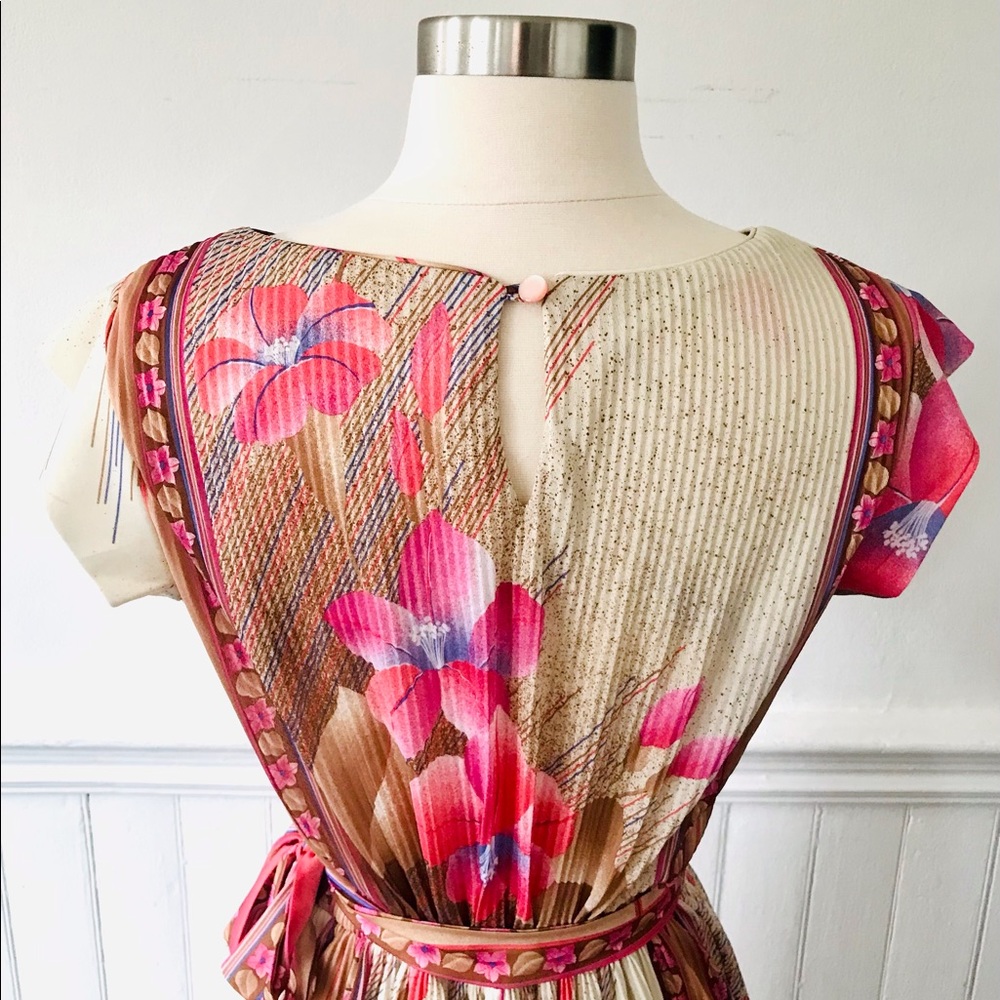 70s Vintage VTG Border Print HIBISCUS FLORAL Dress SM - Picture 3 of 5